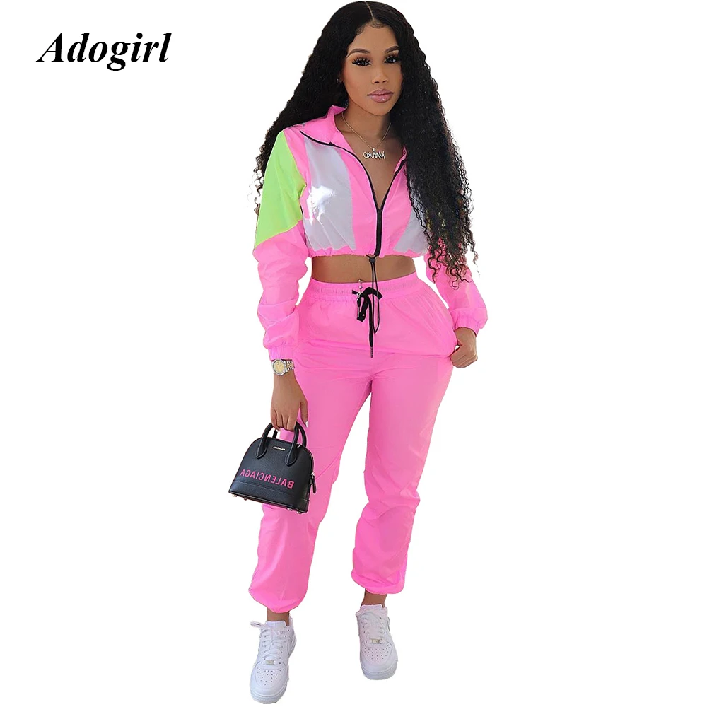 

Elegant Color Patchwork Zipper Two Piece Set Casual Long Sleeve Crop Top With Long Pants Tracksuit Sexy Slim 2 Piece Set Women