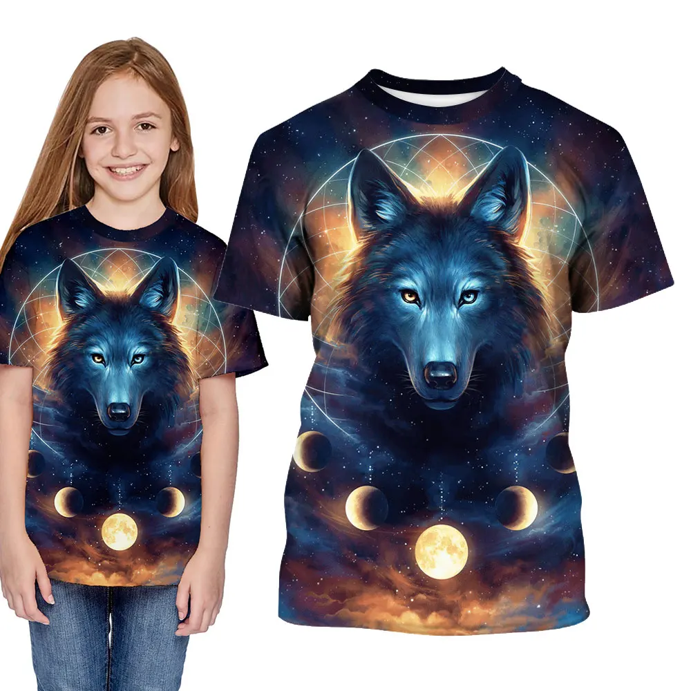 

dark Wolf Digital Printing Children's Short Sleeve T Shirt Children's Wear Summer 2019 New Products Wholesale girls shirts