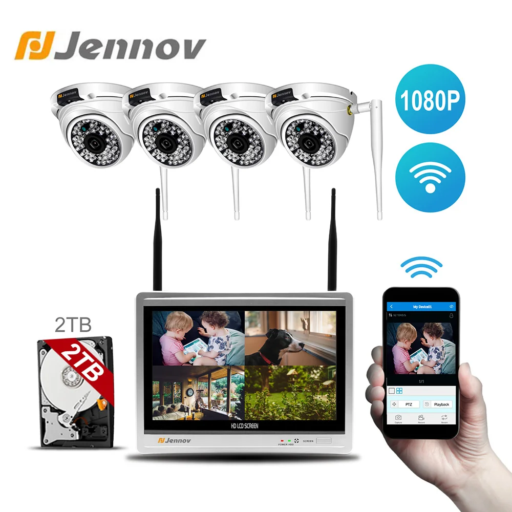 Jennov видеонаблюдение 4CH 1080P CCTV NVR Wifi беспроводная камера безопасности система наружная водонепроницаемая IP 66 12 дюймовый ЖК-монитор