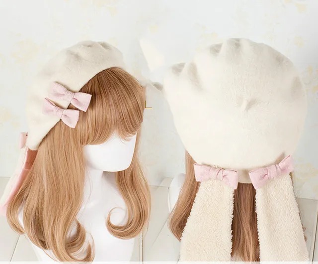 

Princess sweet lolita beret Lolita drooping cute rabbit Japanese pancake Wool Beret bud cap artist hat and handwork dk37