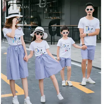

Family Matching Outfits Summer T Shirt Short Sleeve Stripes Shorts Dress Wholesale Mother Father Daughter Son suit Family Look