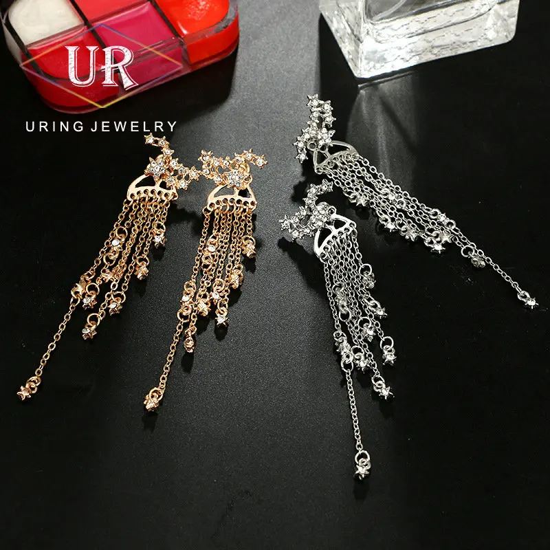 

New Trendy Tassel Crystal Long Set With Zircon Star Earrings For Women/Girl Gold Silver Color Fashion Jewelry Gift KB330 KB331