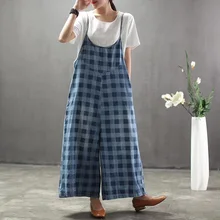 Летний женский винтажный джинсовый комбинезон в клетку, комбинезон на тонких бретельках, тертые беленые повседневные свободные джинсы, широкие комбинезоны