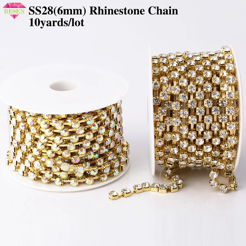 

RESEN SS28 6mm Crystal Rhinestone Chain Rhinestone Trimming Yard 28ss Rhinestone Cup Chain Sliver/Gold Metal For DIY Sewing