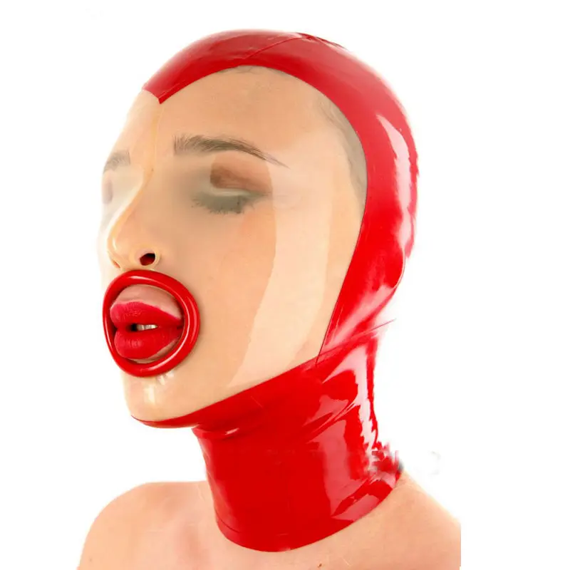 Сексуальный латекс капюшон красного цвета Фетиш маска натуральный латекс маска с открытым ртом на молнии сзади