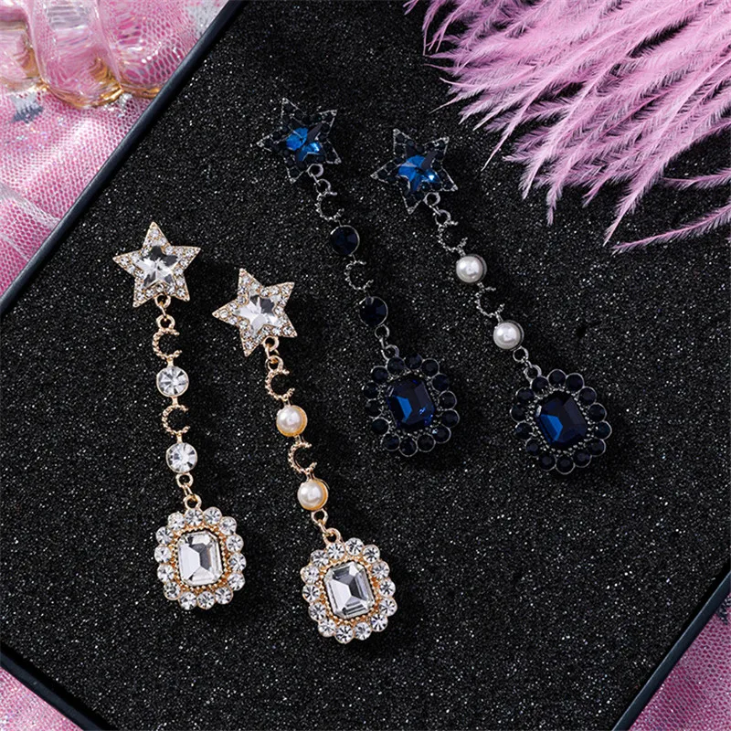 

New Asymmetry Rhinestone Flower Long Simulated Pearl Pendientes Bling Star Drop Earrings for Girls Fashion Women Jewelry EC1353