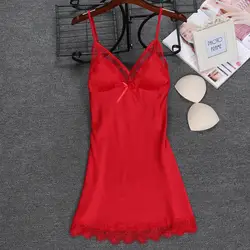 Красная атласная сексуальная девушка Спагетти ремень Кружева без рукавов длиной до колена женская ночная рубашка с v-образным вырезом