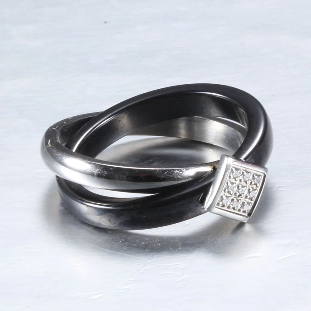 Черный керамический крест серебро Нержавеющая сталь круг керамическое кольцо с CZ обручальное кольцо из Стразы для женщин