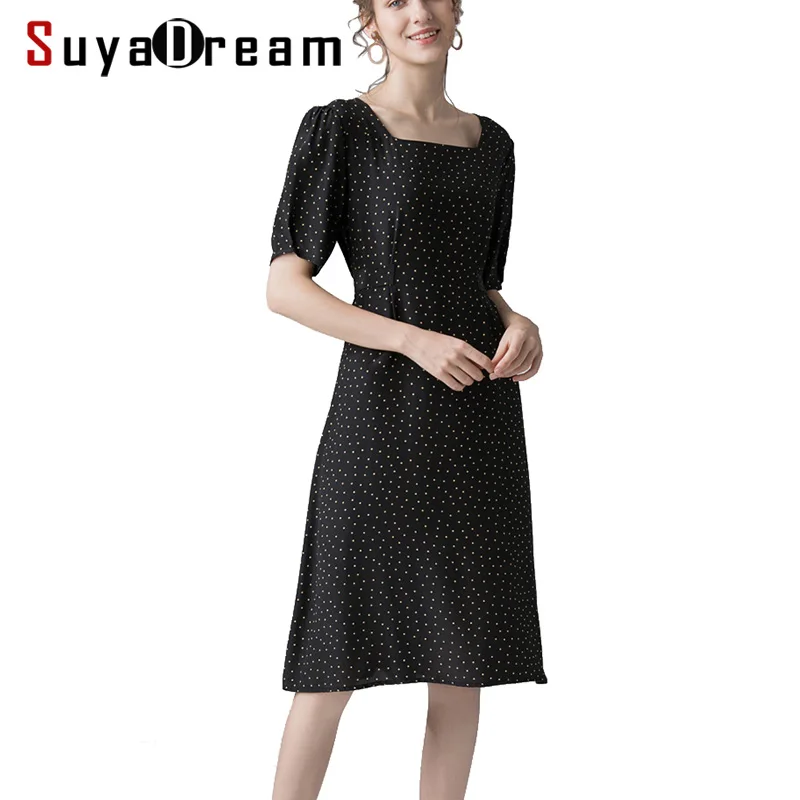 

Women Dress 100%Natural Silk Crepe Black Dots Printed Square Collar Dresses for Women Short Sleeved 2019 Knee Length Dress