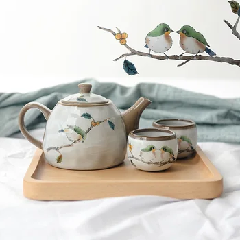 

2018 Japanese style cute embroidered bird tea set creative kung fu teapot cup set thick pottery underglaze color