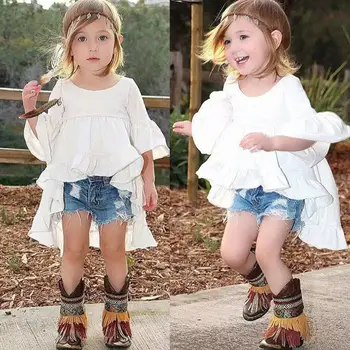 

White Ruffled Cotton Outfits Top Dress Blouse 1pcs Kids Children Baby Girls Clothing pretty elegant Princess Clothes Girls New