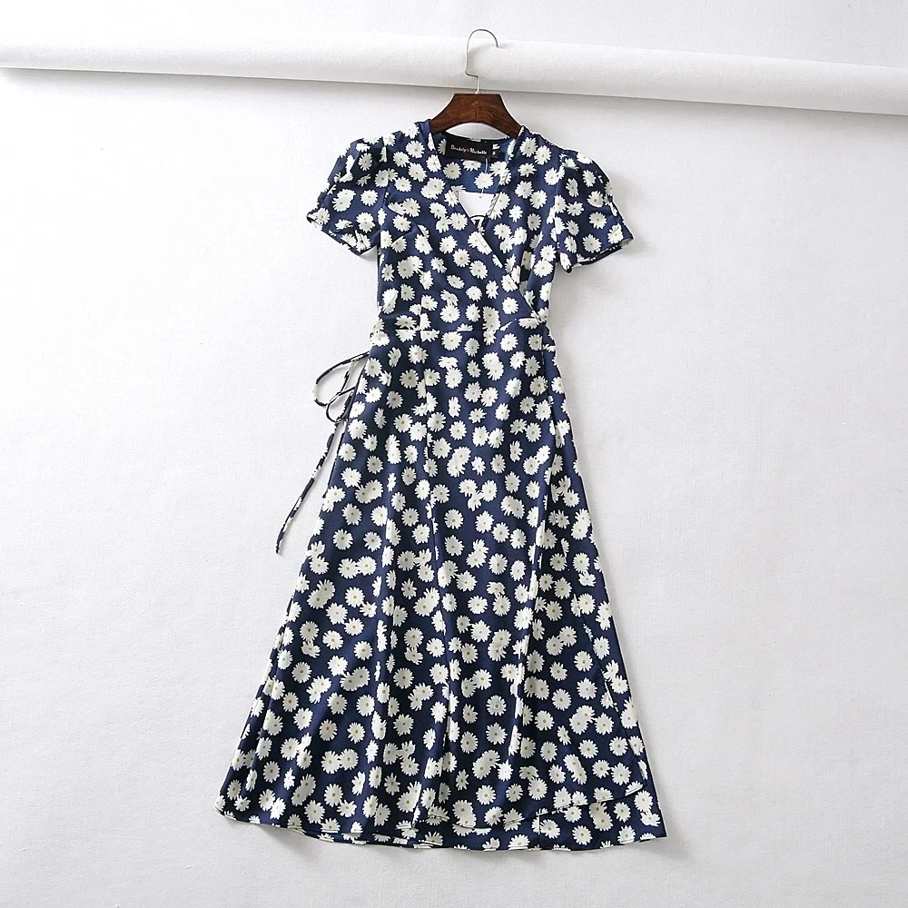Винтажное платье в горошек с цветочным принтом, женское шифоновое пляжное платье с коротким рукавом, корейские вечерние платья миди с v-образным вырезом, повседневные платья boho vestidos - Цвет: Flower 7