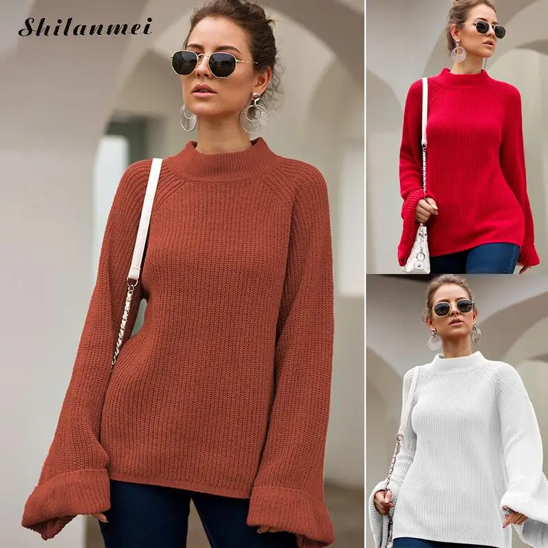 Осень-зима 2019, свитера, пуловеры для женщин, водолазка, однотонный, уличная, длинный рукав-клеш, повседневное вязаное Свободное свитер, Mujer