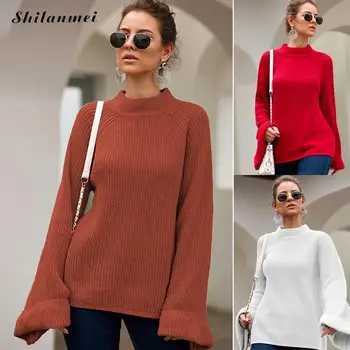

2019 Autumn Winter Sweaters Pullovers Women Turtleneck Solid Streetwear Long Flare Sleeve Casual Loose Knitted Sweater Mujer