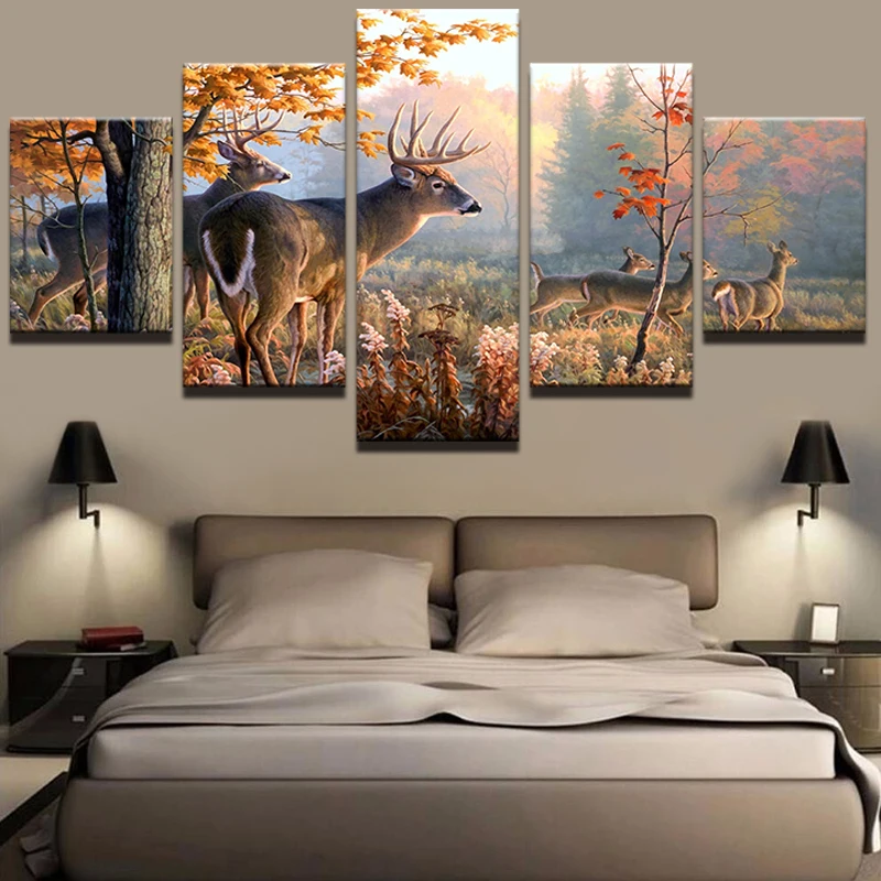 5 Pieces HD Canvas Painting Print Animal Deer Landscape Modular For Modern Decorative Bedroom Living Room Home Wall Art Decor | Дом и сад