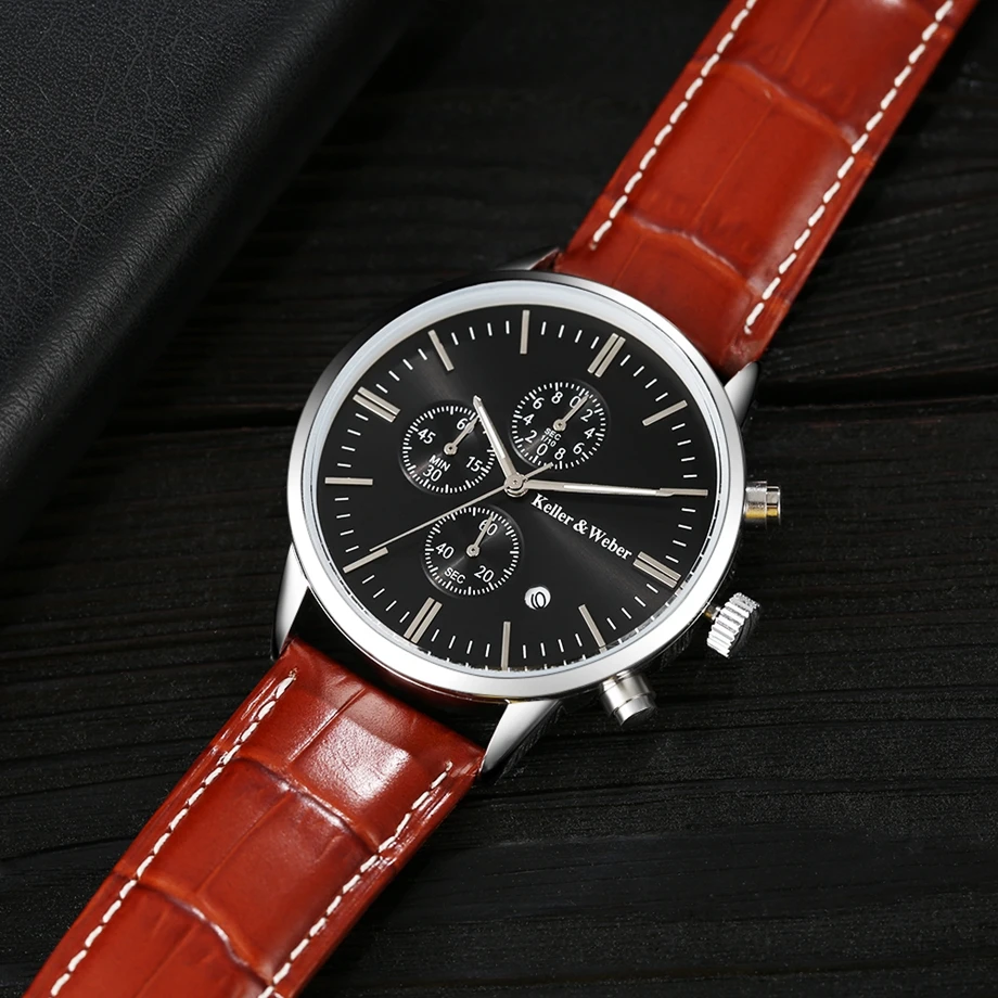 Keller & Weber Mens Watches 30m Waterproof Quartz Business Watches Date Display Genuine Leather Band Relogio Masculino Best Gift (14)