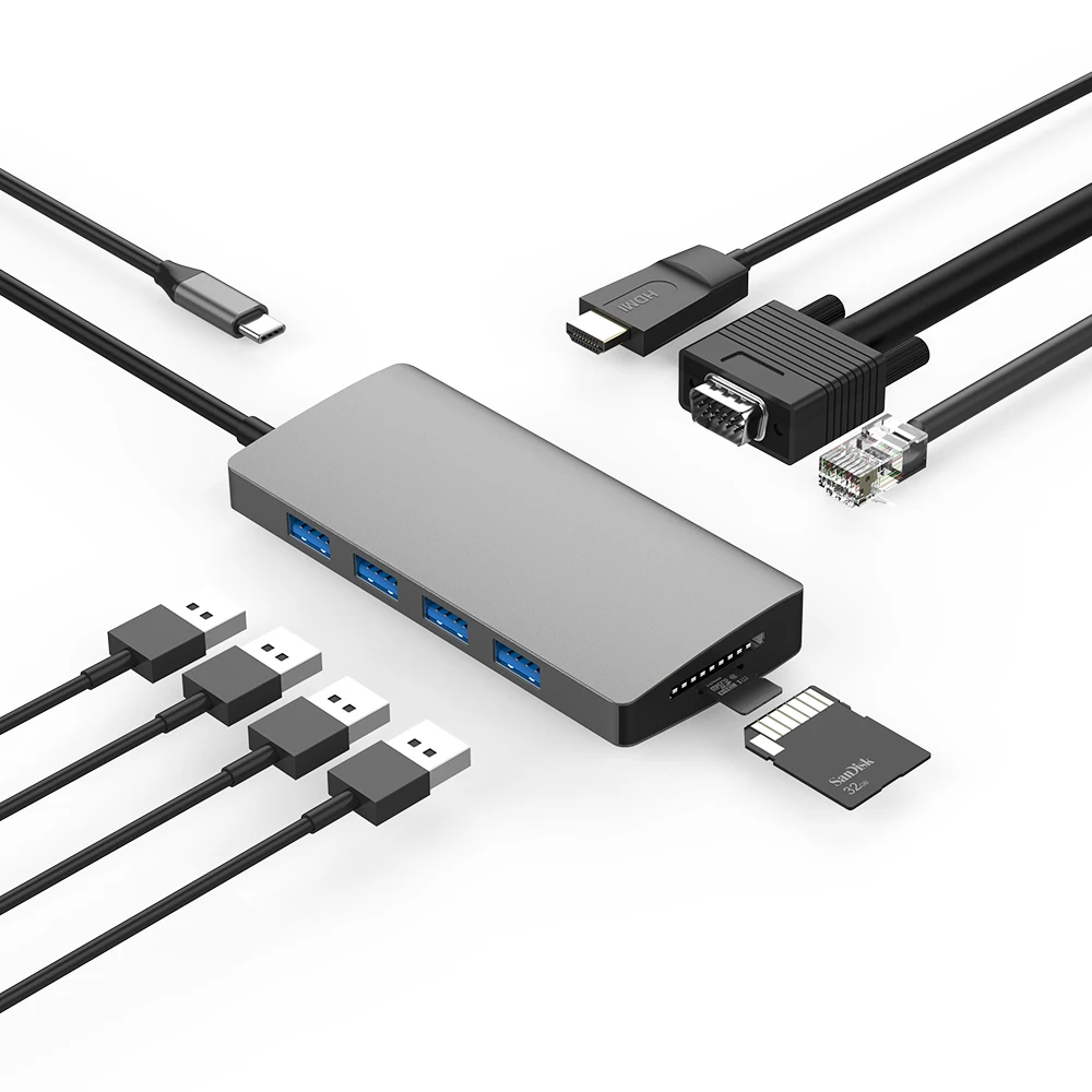 10 в 1 USB концентратор Miltifunctional док-станция USB C до USB3.0 4 K HD 1080 P VGA 1 Гбит/с Ethernet сети 60 Вт PD SD концентратор-картридер