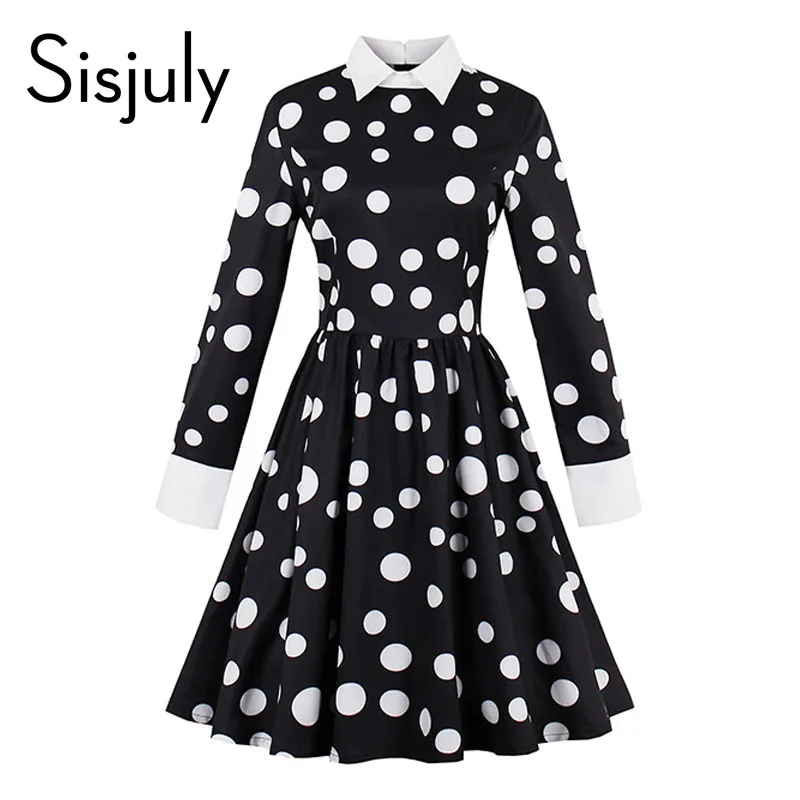 Sisjuly vintage dress autumn black white polka dots dress long sleeve women 3d plus size retro patchwork natural vintage dress