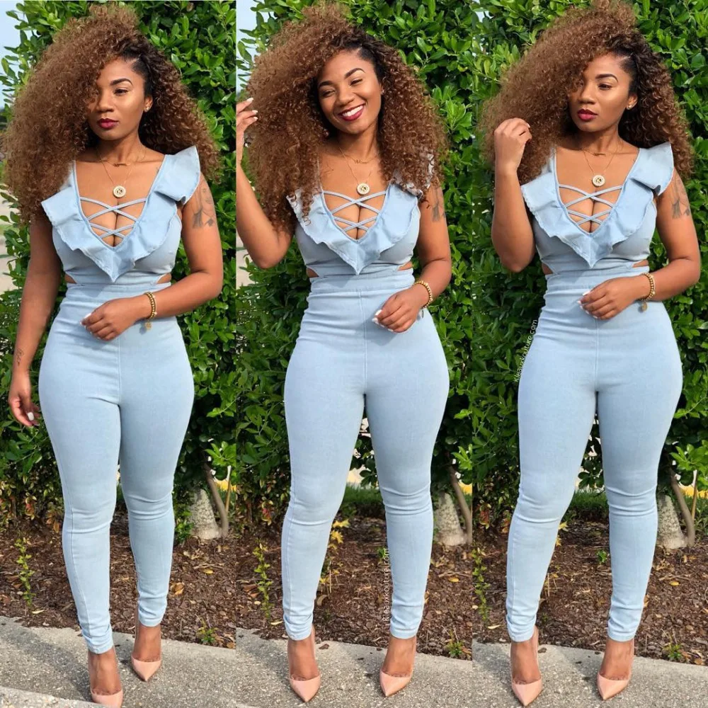 

Spring and summer new women's Bandage jumpsuit sexy ruffled wrapped chest side waist hollow bodysuit women overalls