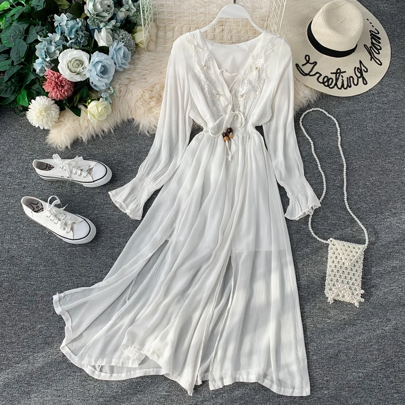 

Linen Dress V Neck Embroidery Long Sleeve Beach Boho White Red Ethnic Tunic Korean Midi Plus Size Summer Dress Women Vestidos