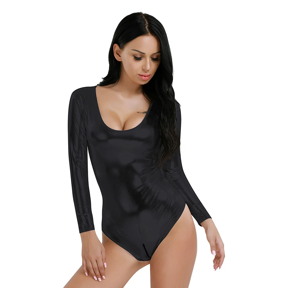 iEFiEL Sexy Womens Wetlook Bodycon Patent Leather Leotard Bodysuit with Zipper Crotch High Cut Dancewear for Nightclub Parties white bodysuit