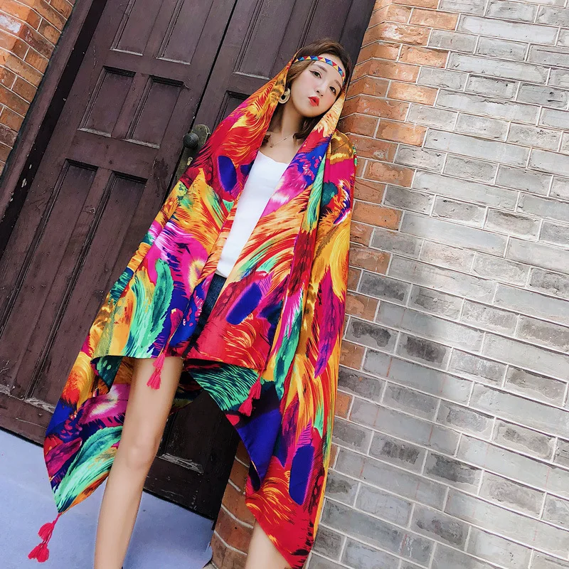 

1 Ps Fashion Chic Rainbow Feathers Style 180x90cm Women Sunscreen Cotton Sea Beach Scarf Silk Shawl wraps bandana beach hijab
