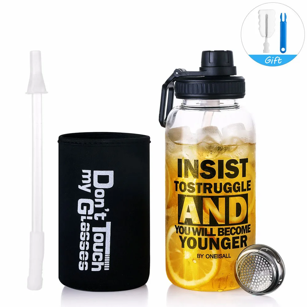 

Large Capacity Water Bottle Portable Outdoor Glass Sport Water Bottle With Tea Filter Straw Bottle Sleeve Phone Holder Drinkware