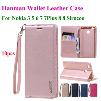 

10pcs Hanman Flip Leather Case For Nokia 3 5 6 7 Plus 8 Sirocco Hang Rope Series Genuine Wallet Card Slot Case Cover