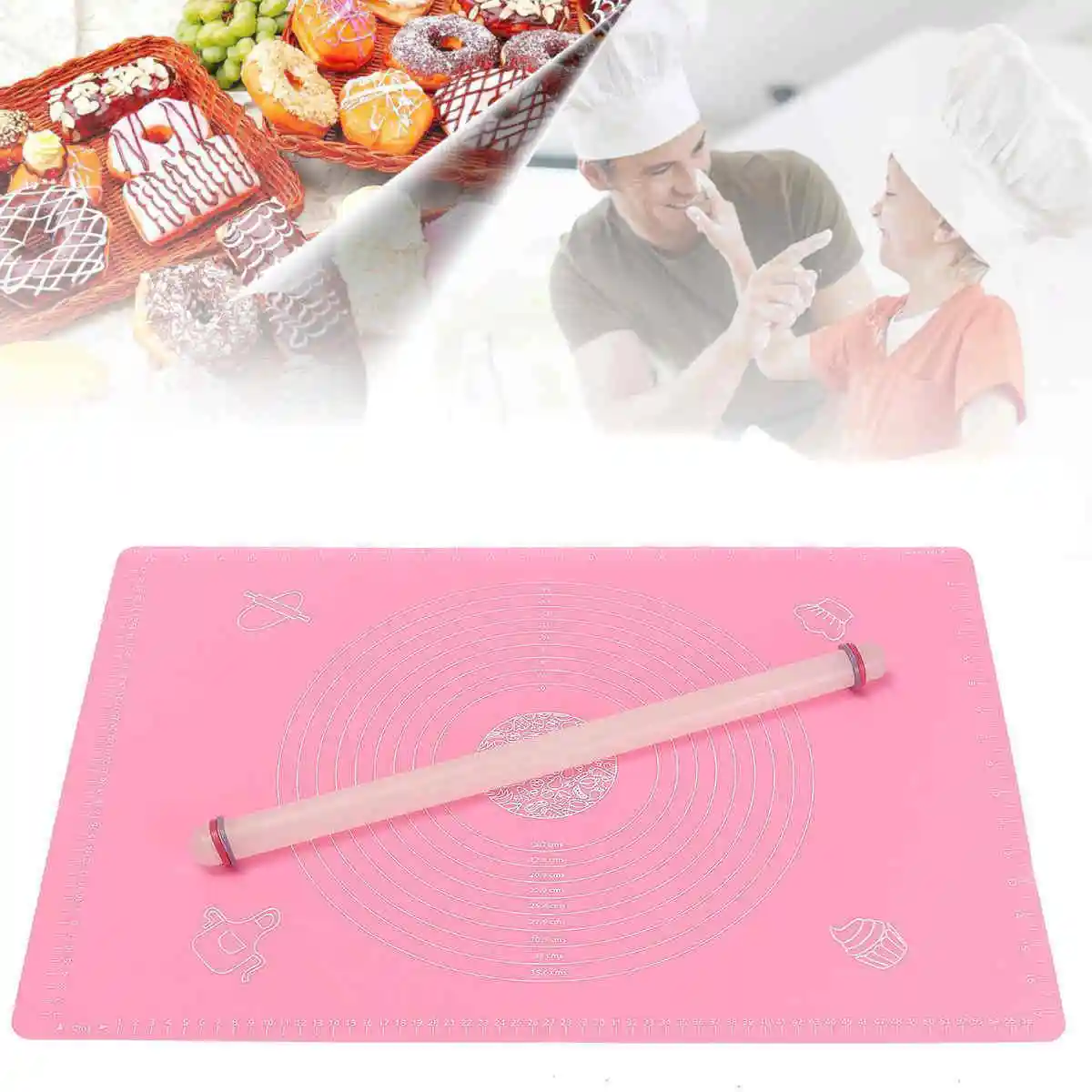 Nonstick Silicone Baking Cooking Mat with Measurement + Fondant Rolling Pin