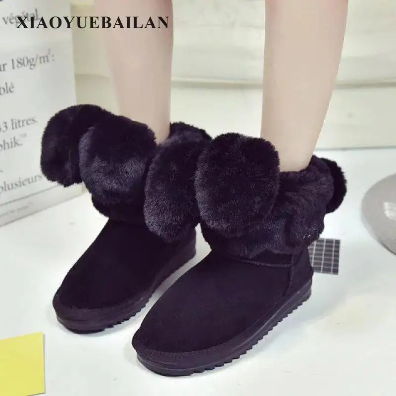 

2017 New Winter Snow Boots Female Round Bottomed Leather Wool Rabbit Ears All-match Girls Plus Suede Shoe