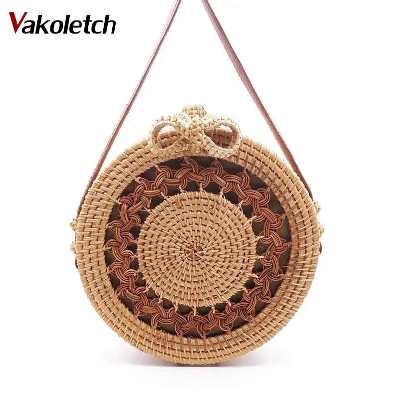 

Female Summer Rattan Bag Handmade Shoulder Bags Lady Casual Beach Handbags Bali bolsas 2022 New Women Round Straw Handbag KL441