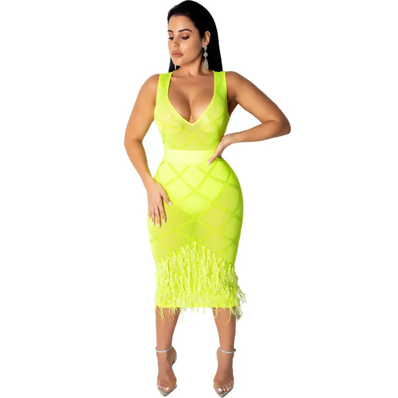 

green sexy transparent midi dress mesh summer Feathers glitter Diamonds woman clothes party bodycon club ladies dresses sundress