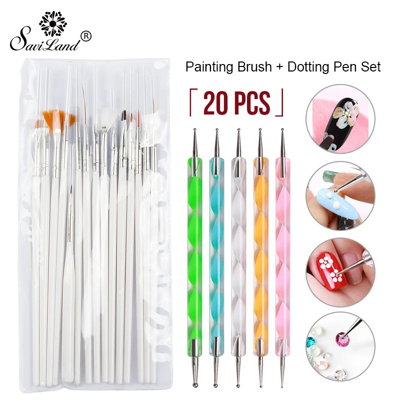 

Saviland 20pcs/set Nail Art Painting Set Gel Polish Brush Pen Kit Professional Dotting Drawing Design Tools Acrylic Manicure
