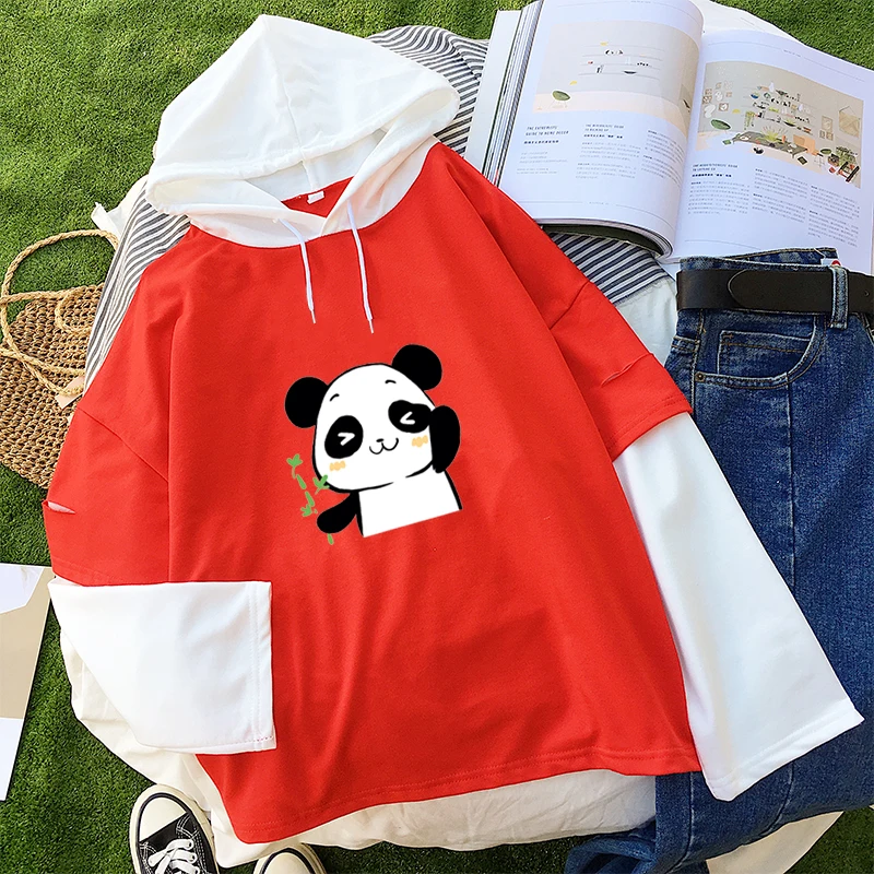Kawaii корейский стиль футболка с длинными рукавами Новинки для женщин модные Harajuku Kawaii с принтом панды женский поддельные Двойка разнотканные Топы