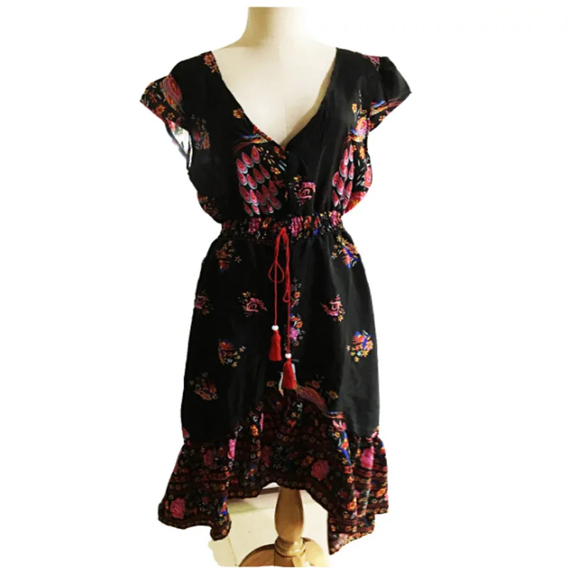Сарафан с цветочным рисунком Для женщин новый летний V шеи Винтаж Boho длиной макси цветочные Национальный шифоновое платье Вечерние пляжное