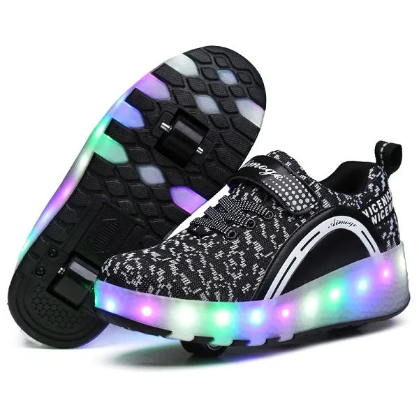 Двухколесные светящиеся кроссовки Heelies Led световой ролик обувь для катания на коньках для детей Led обувь для мальчиков и девочек светящаяся обувь унисекс - Цвет: Черный