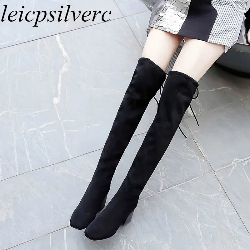 

Women's Boots Autumn Winter Warm High Heel Square Toe Over-the Knee Lace Up Flock Stretch Boots 2019 New Sexy Fashion Black