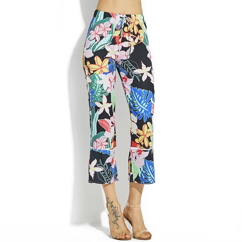 Summer Floral Pants For Women Print Elastic Waist Regular Beach Trousers Bottom Elegant OL