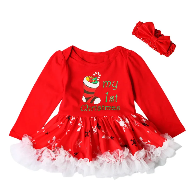 Комплект одежды для новорожденных девочек, платье-пачка с надписью «My First christmas», рождественское кружевное платье+ повязка на голову, два комплекта