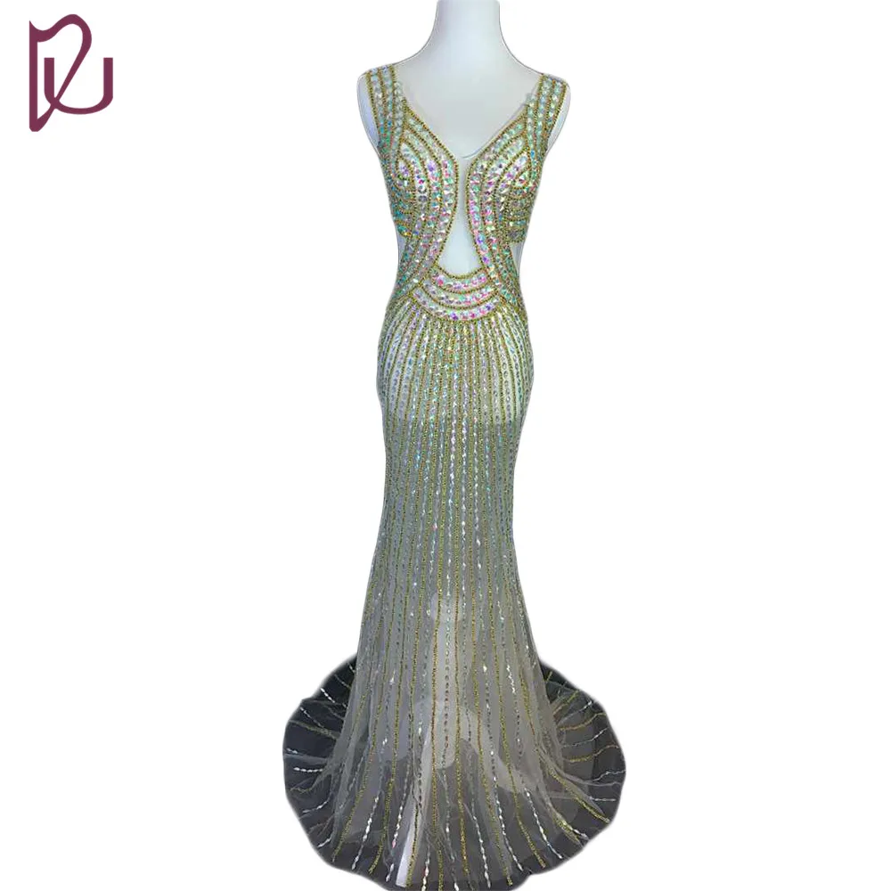 Unique Evening Dress Slim Floor Length Crystal Champagne Vintage