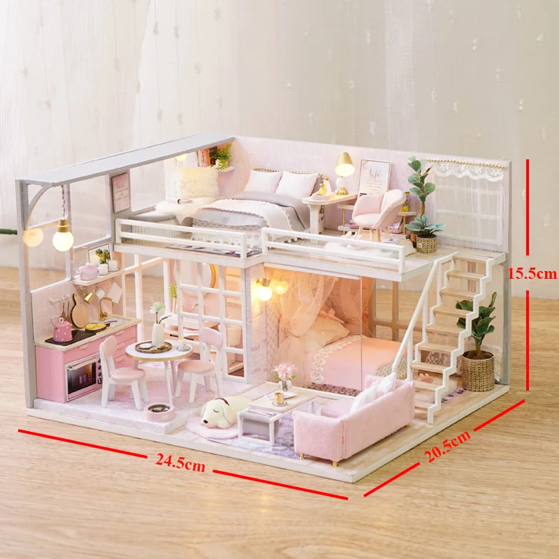 Diy Миниатюрный Кукольный дом наборы для сборки девочек розовый Лофт 3D Деревянный кукольный домик со светодиодной мебелью пылезащитный чехол головоломки игрушки для детей