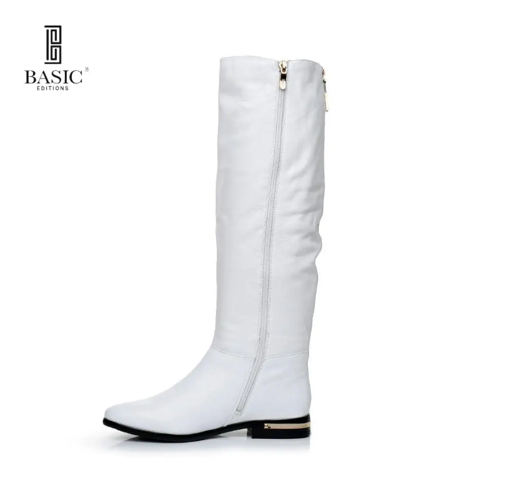BASIC 2016 Winter White Genuine Leather Round Toe Low Heel Zip Up