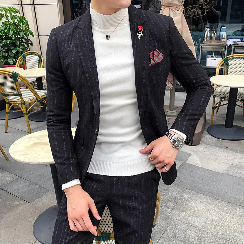 Trajes Hombre Vestir мужской тонкий полосатый костюм комплект из двух предметов(блейзеры+ брюки) однотонный деловой повседневный костюм