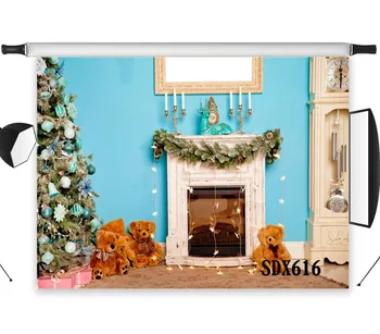 

LB Polyester & Vinyl Christmas Tree Gifts Toy Bear Fireplace Bracket Clock Photography Photo Background Studio Backdrop Decor