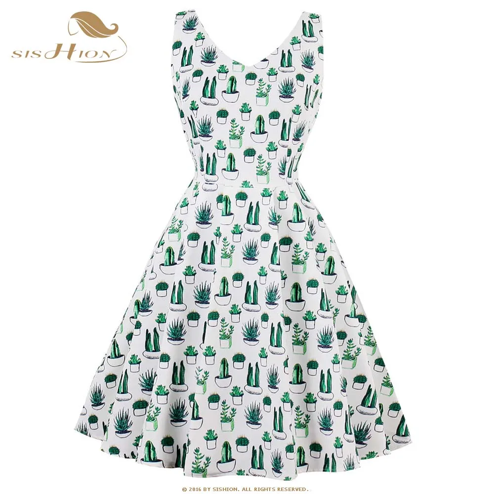 

SISHION Elegant cactus plant print vintage dress Plus Size Sleeveless Double V Neck White and Green Sexy Party Dresses VD0661