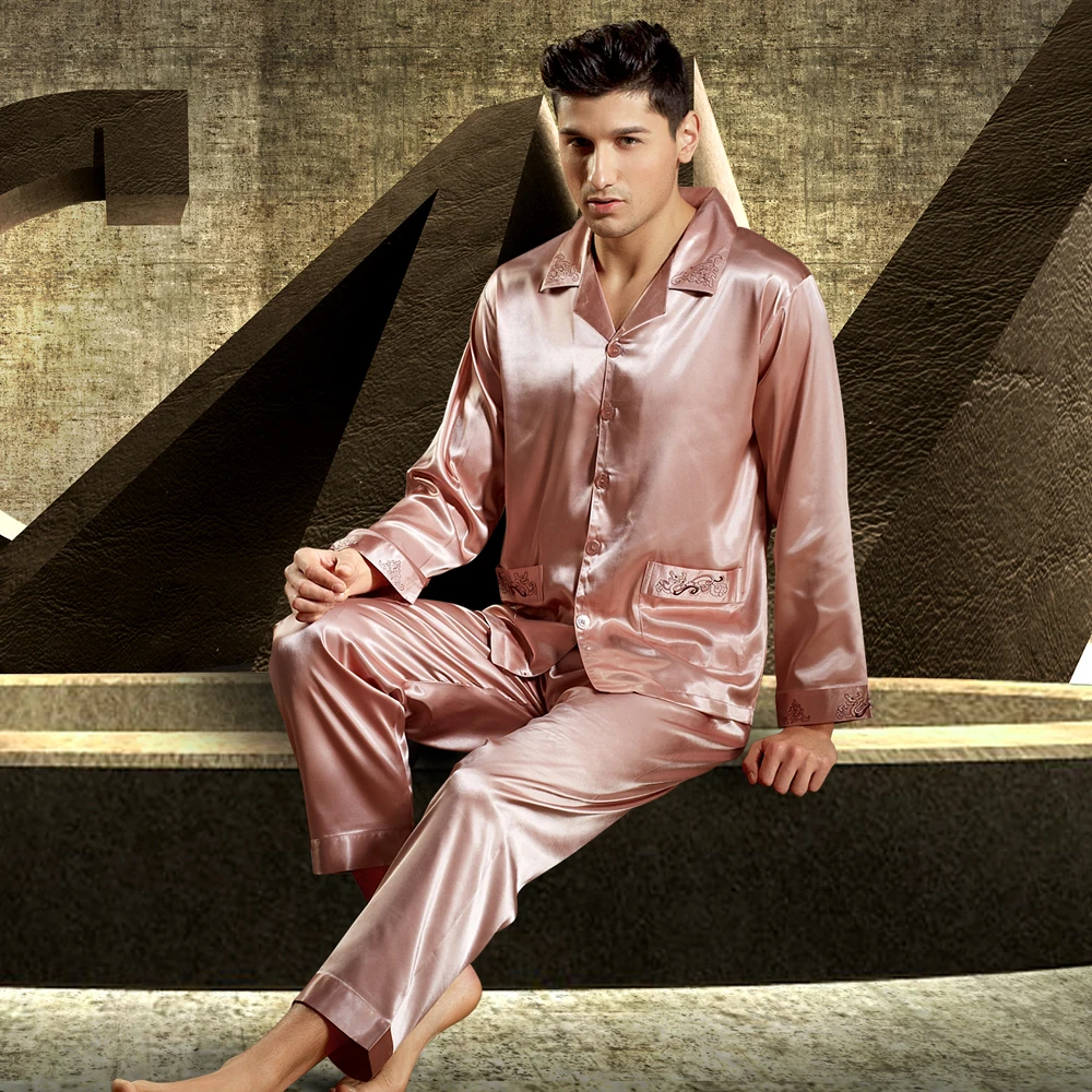 2020 New Brand Satin Silk Men Pajamas Luxurious Embroidery Sleepwear Long-Sleeved Pyjama Sets High Quality Casual Home Wear 3315
