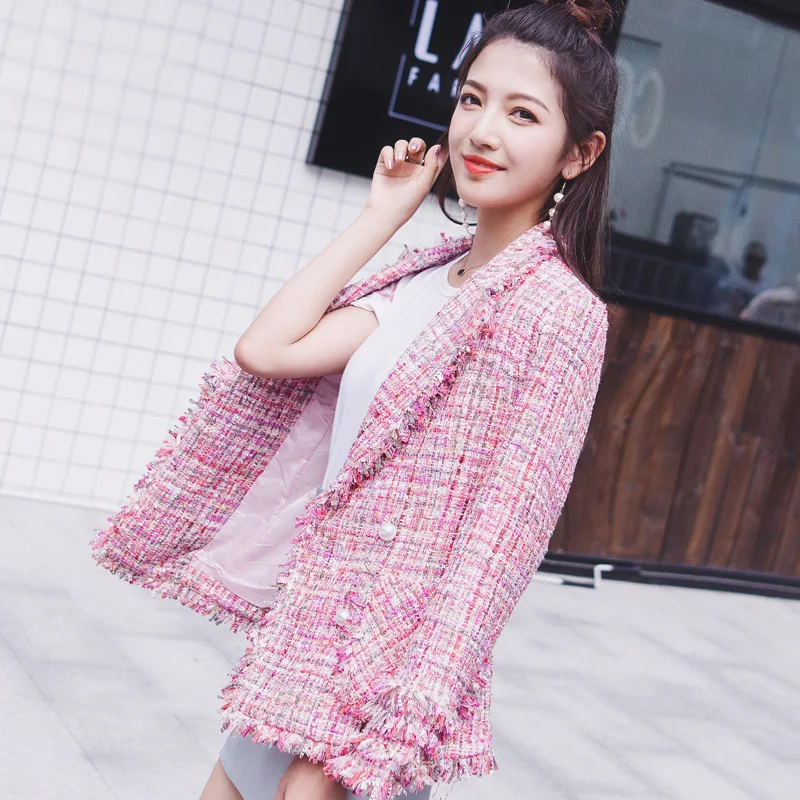 price reduction  Pink tweed jacket beads Coat in the long section 2019 autumn/winter women's coat pull suit ladies l