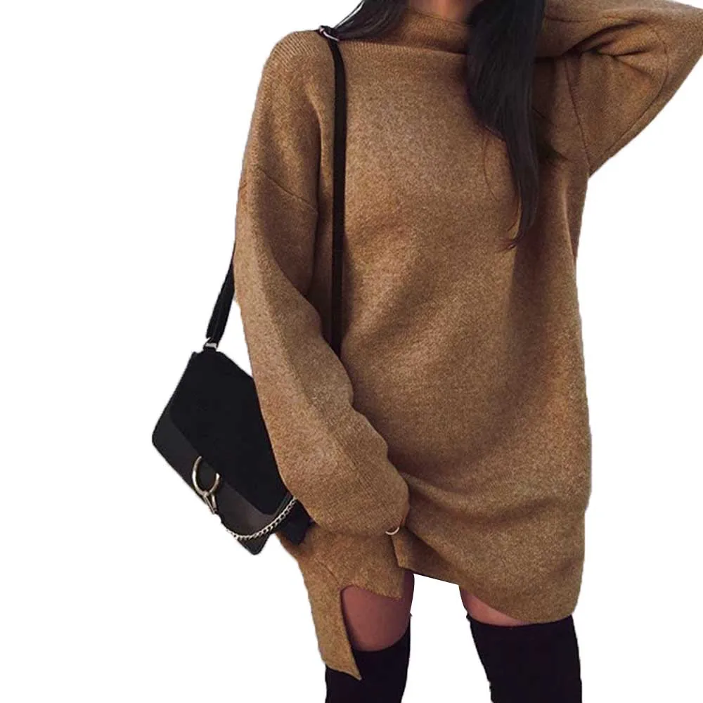 

Women's Turtleneck Dress Autumn Winter Warm Side Split Short Sweater Vestidos Casual Loose Knitwear Party Mini Dress WDC1672