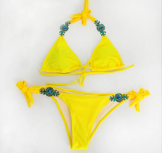 Сексуальный женский бразильский купальник, комплект бикини, зеленый, желтый, летний женский бандаж, бриллиантовый Монокини, купальный костюм, купальник, пляжная одежда