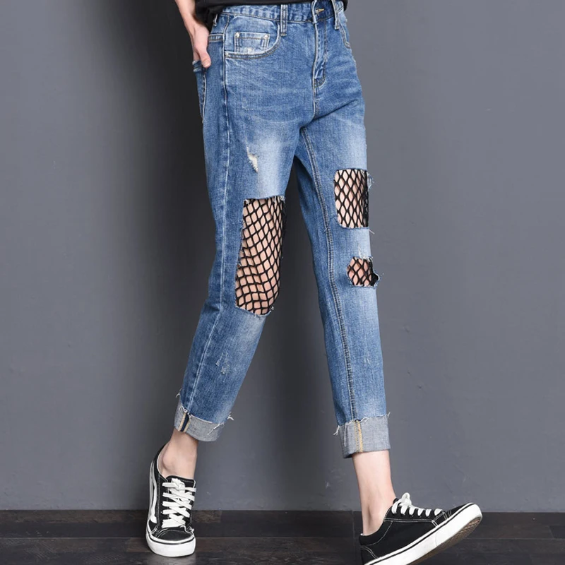 

2017 new summer grid boyfriend jeans for women Sexy ripped jeans women Leisure fashion plus size Ankle length pant with lace
